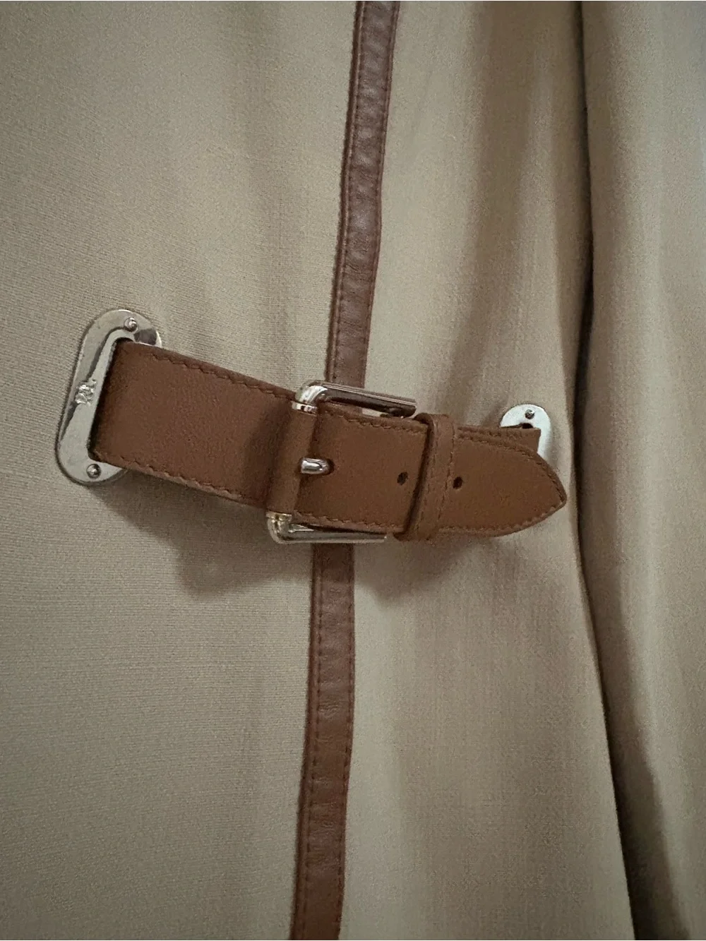 Ralph Lauren Purple Label Beige Midi Dress with Brown Trim Zipper + Buckle - Picture 2 of 6
